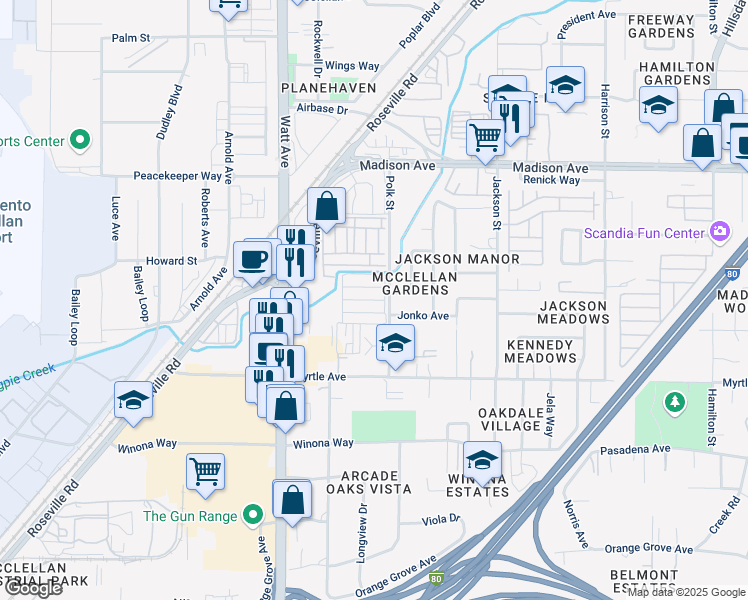 map of restaurants, bars, coffee shops, grocery stores, and more near 3619 Ohio Lane in North Highlands