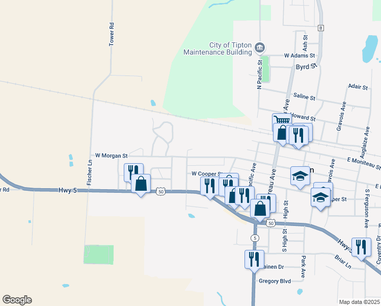 map of restaurants, bars, coffee shops, grocery stores, and more near 487 West Morgan Street in Tipton