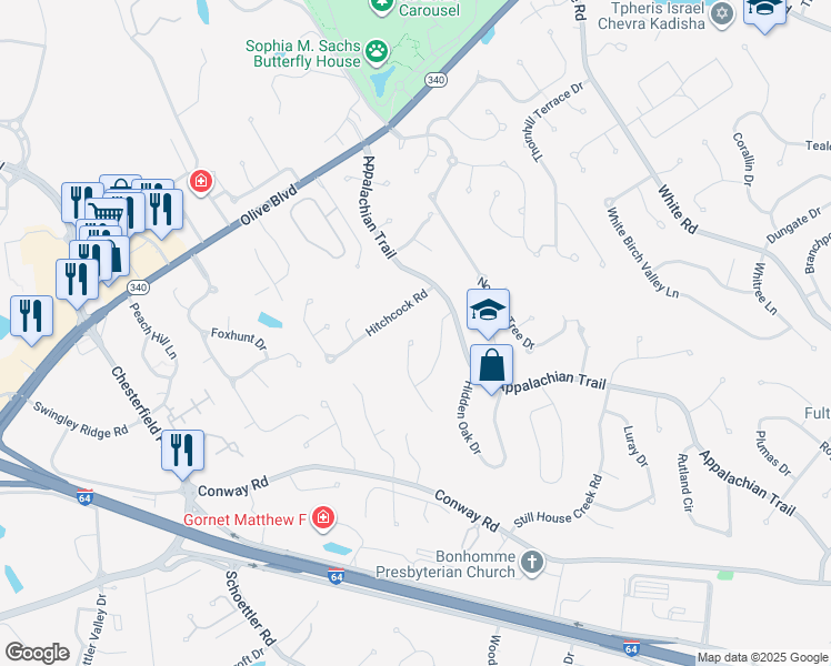 map of restaurants, bars, coffee shops, grocery stores, and more near 1112 Richland Drive in Chesterfield