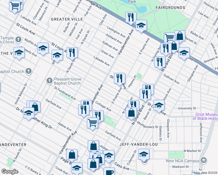 map of restaurants, bars, coffee shops, grocery stores, and more near 3842 Maffitt Avenue in St. Louis