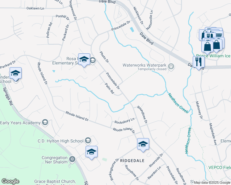 map of restaurants, bars, coffee shops, grocery stores, and more near 13727 Palm Road in Woodbridge