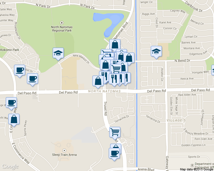 map of restaurants, bars, coffee shops, grocery stores, and more near 4630 Natomas Boulevard in Sacramento