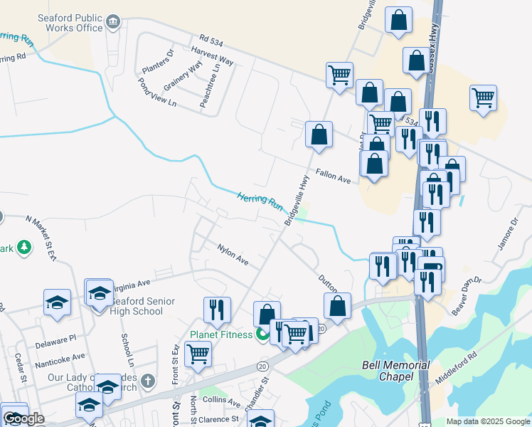 map of restaurants, bars, coffee shops, grocery stores, and more near 201 Ross Street in Seaford