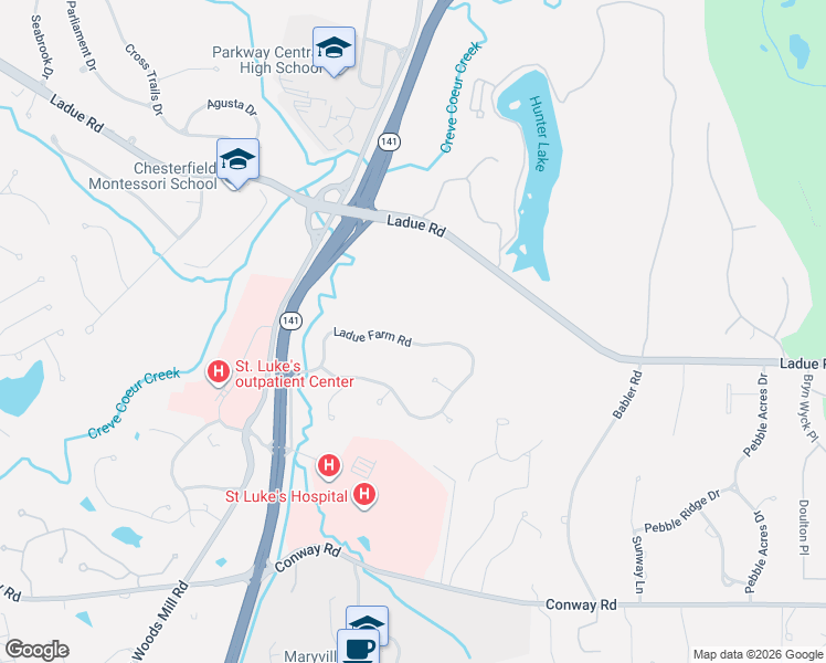 map of restaurants, bars, coffee shops, grocery stores, and more near 13491 Ladue Farm Road in St. Louis