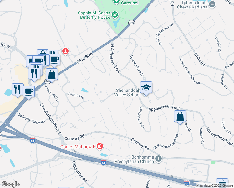 map of restaurants, bars, coffee shops, grocery stores, and more near 15498 Hitchcock Road in Chesterfield