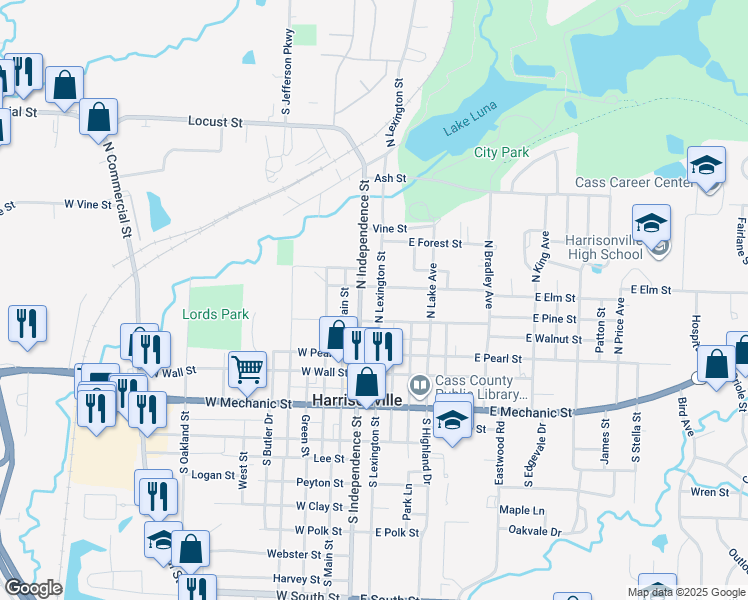 map of restaurants, bars, coffee shops, grocery stores, and more near 305 North Independence Street in Harrisonville