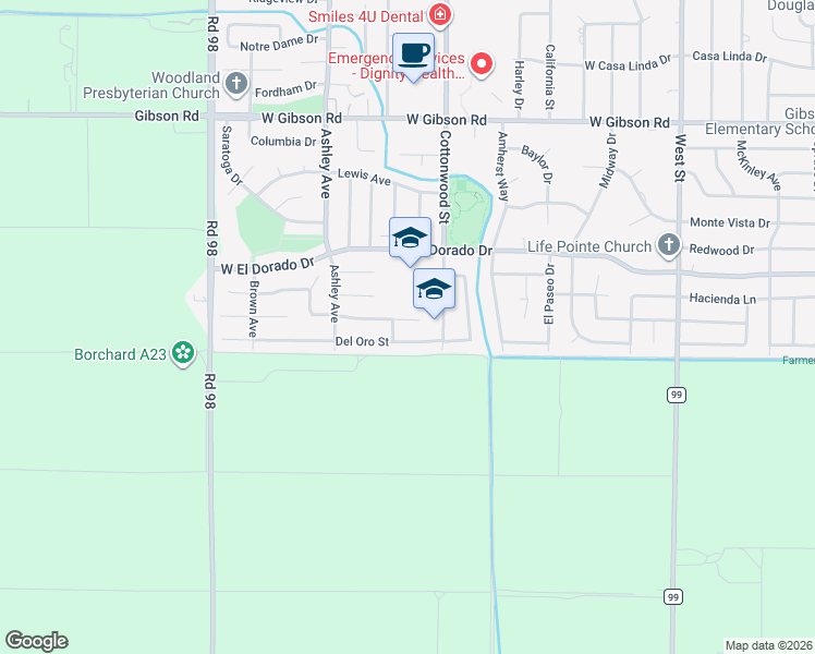 map of restaurants, bars, coffee shops, grocery stores, and more near 1744 Yale Drive in Woodland