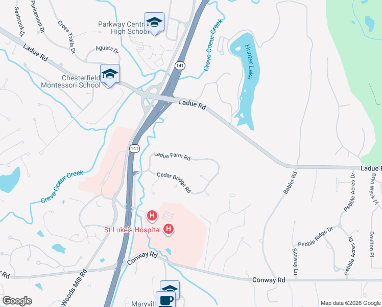 map of restaurants, bars, coffee shops, grocery stores, and more near 13491 Ladue Farm Road in St. Louis