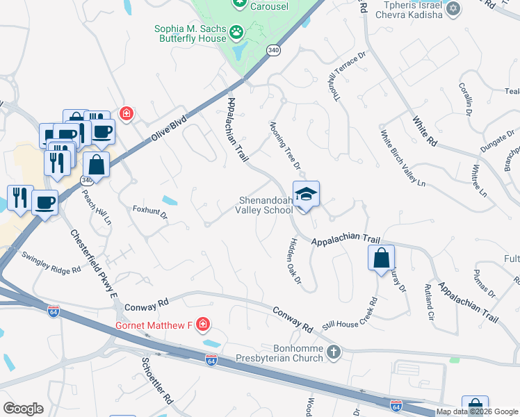 map of restaurants, bars, coffee shops, grocery stores, and more near 1112 Richland Drive in Chesterfield