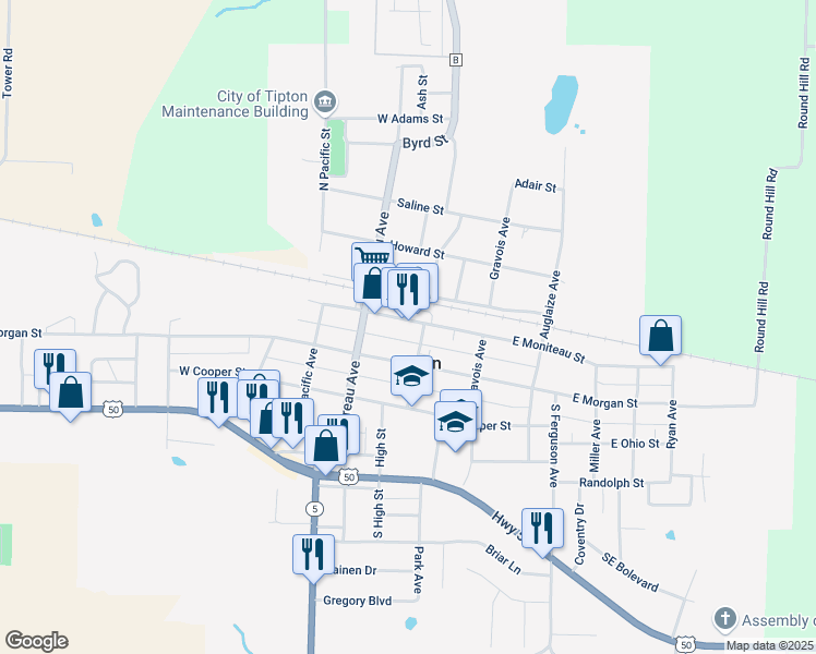 map of restaurants, bars, coffee shops, grocery stores, and more near 100 West Moniteau Street in Tipton