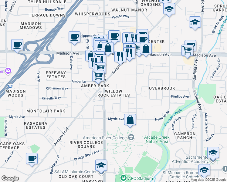 map of restaurants, bars, coffee shops, grocery stores, and more near 4950 Saddlerock Way in Sacramento