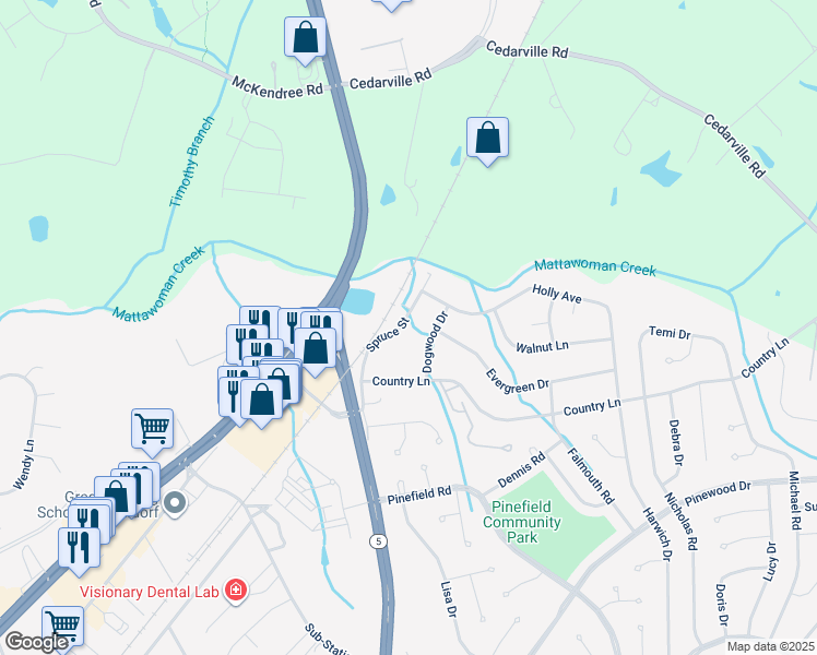map of restaurants, bars, coffee shops, grocery stores, and more near 1006 Spruce Street in Waldorf
