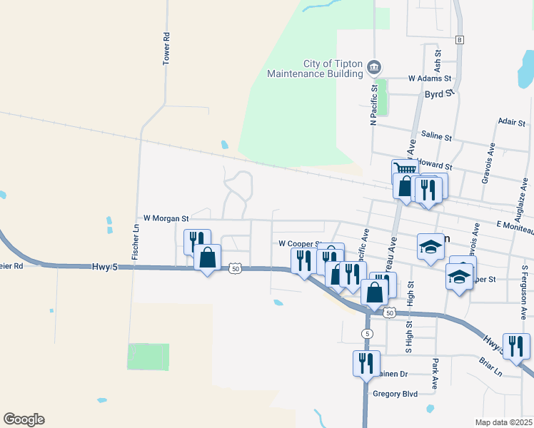 map of restaurants, bars, coffee shops, grocery stores, and more near 487-499 W Morgan St in Tipton