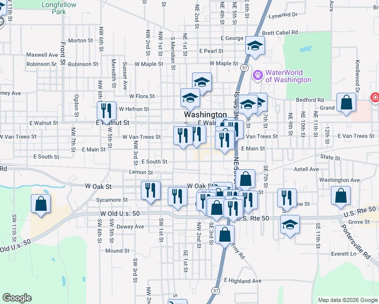 map of restaurants, bars, coffee shops, grocery stores, and more near 101 East Main Street in Washington