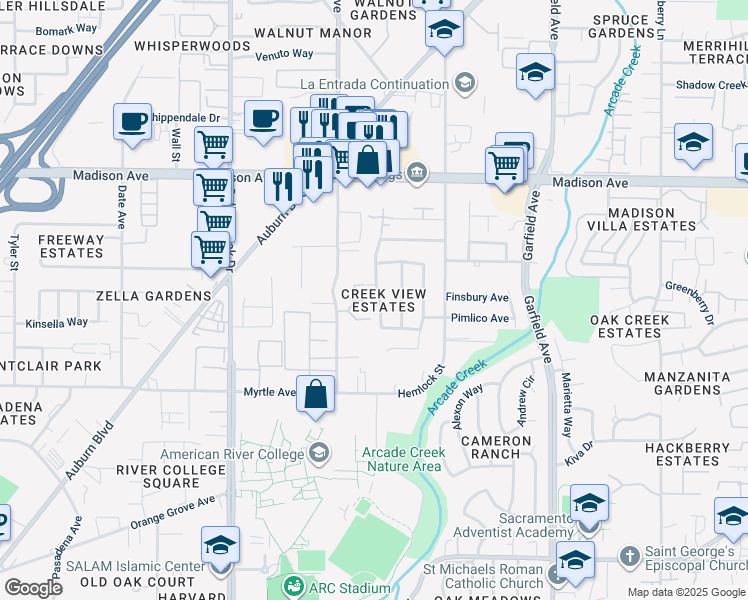 map of restaurants, bars, coffee shops, grocery stores, and more near 4989 Creek View Way in Sacramento