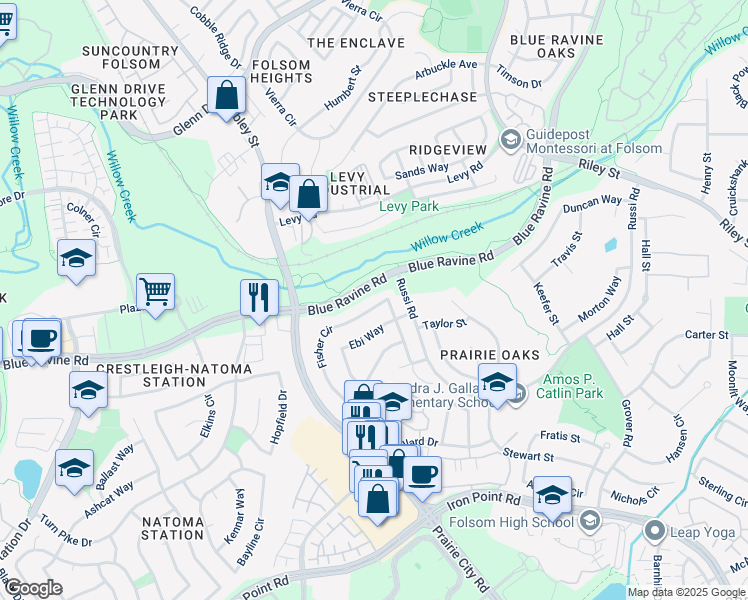 map of restaurants, bars, coffee shops, grocery stores, and more near 472 Fisher Circle in Folsom