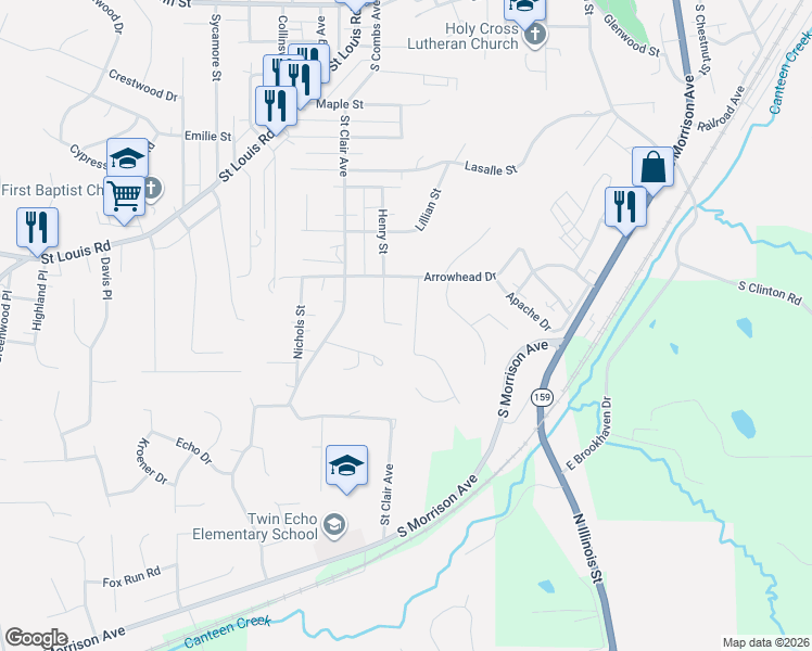 map of restaurants, bars, coffee shops, grocery stores, and more near 916 Dina Street in Collinsville