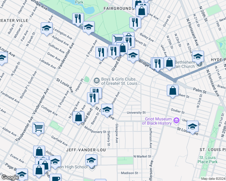 map of restaurants, bars, coffee shops, grocery stores, and more near 3220 Greer Avenue in Saint Louis