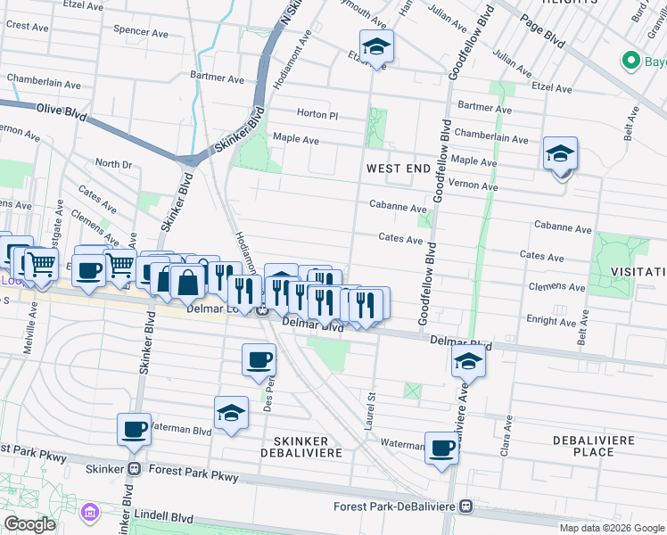 map of restaurants, bars, coffee shops, grocery stores, and more near 5922 Clemens Avenue in St. Louis