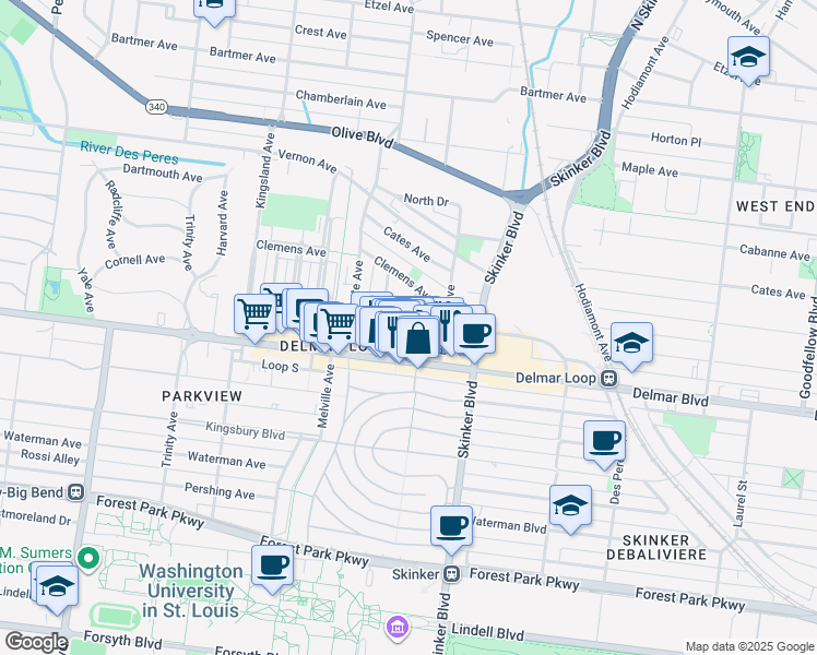 map of restaurants, bars, coffee shops, grocery stores, and more near 701 Limit Avenue in University City