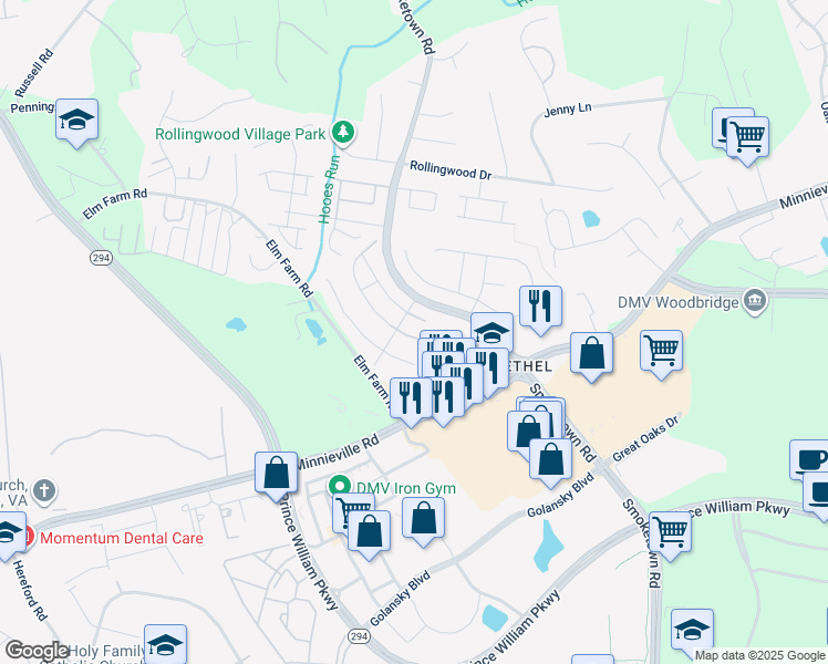 map of restaurants, bars, coffee shops, grocery stores, and more near 3434 Belfry Lane in Woodbridge