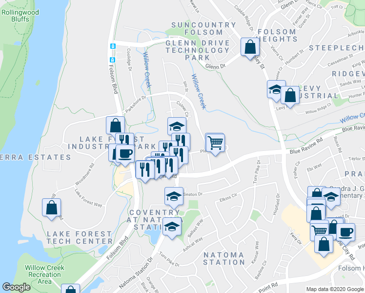 map of restaurants, bars, coffee shops, grocery stores, and more near 340 Plaza Drive in Folsom