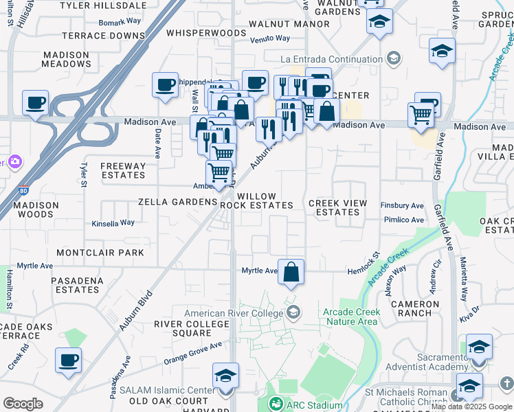 map of restaurants, bars, coffee shops, grocery stores, and more near 4950 Saddlerock Way in Sacramento