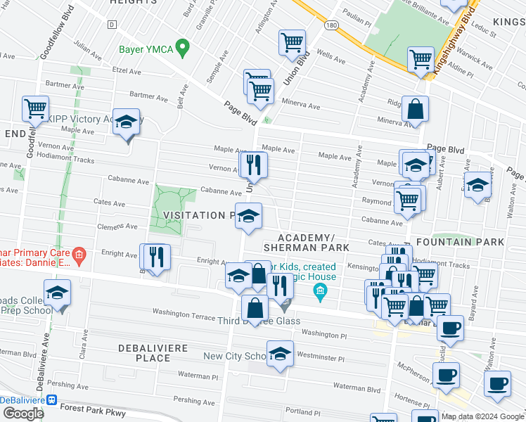 map of restaurants, bars, coffee shops, grocery stores, and more near 5239 Cates Avenue in St. Louis