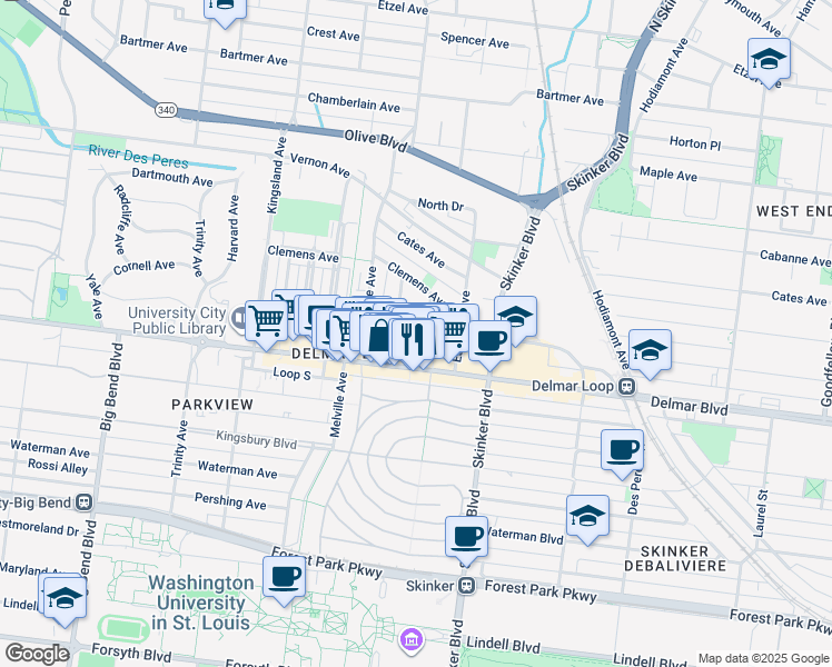map of restaurants, bars, coffee shops, grocery stores, and more near 6418 Enright Avenue in University City