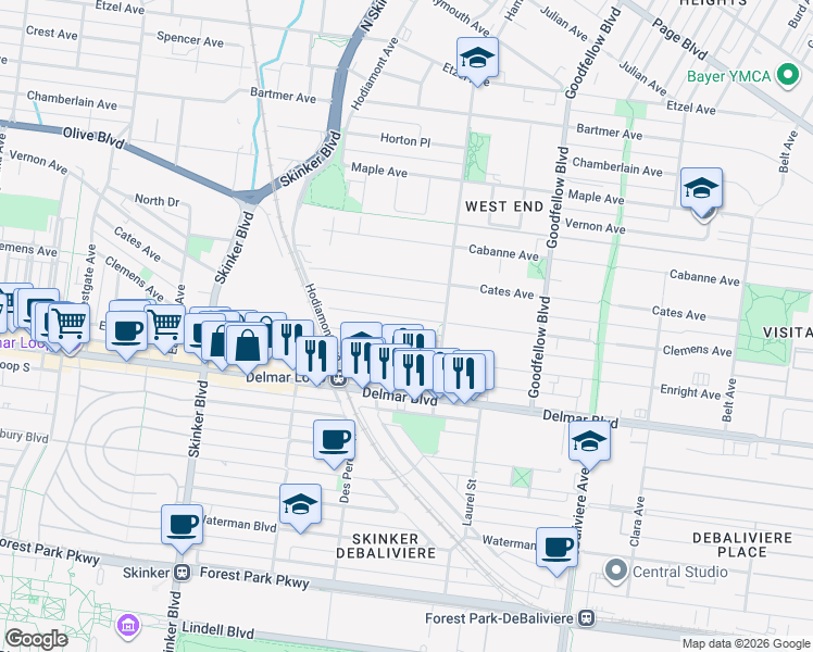 map of restaurants, bars, coffee shops, grocery stores, and more near 5922 Clemens Avenue in St. Louis