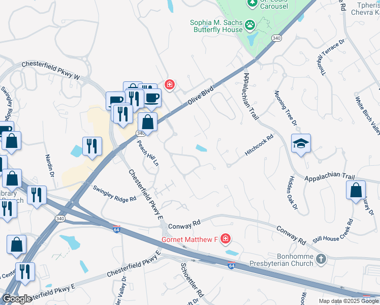 map of restaurants, bars, coffee shops, grocery stores, and more near 13 Foxhunt Drive in Chesterfield