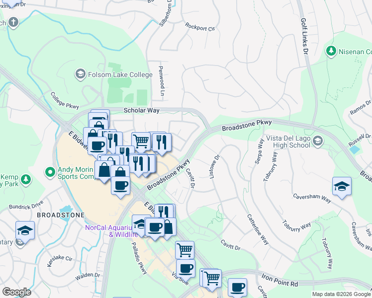 map of restaurants, bars, coffee shops, grocery stores, and more near 1662 Gallinger Court in Folsom
