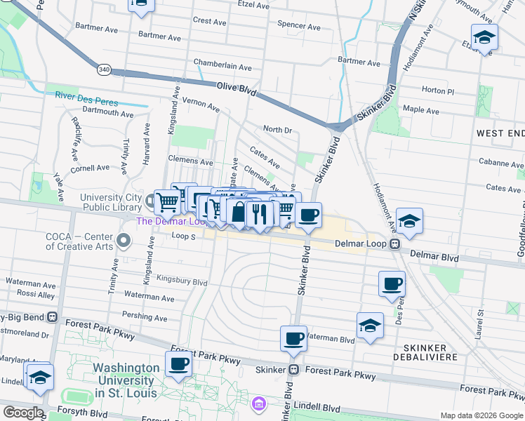 map of restaurants, bars, coffee shops, grocery stores, and more near 6275 Enright Avenue in St. Louis