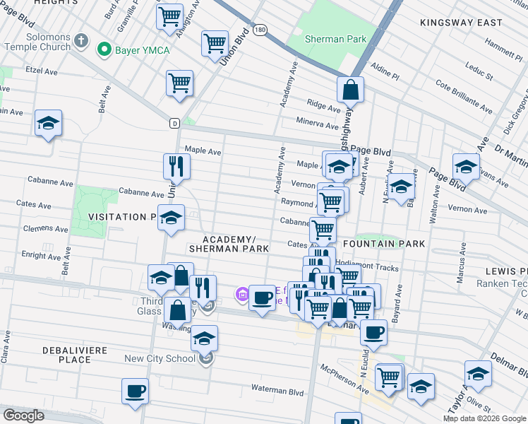 map of restaurants, bars, coffee shops, grocery stores, and more near 5112 Cabanne Avenue in St. Louis