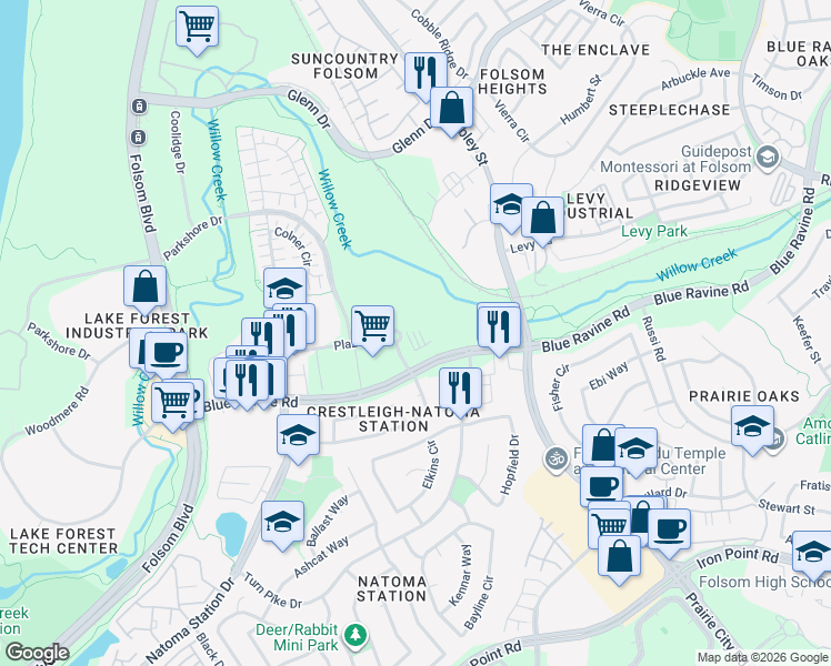 map of restaurants, bars, coffee shops, grocery stores, and more near 515 Plaza Drive in Folsom