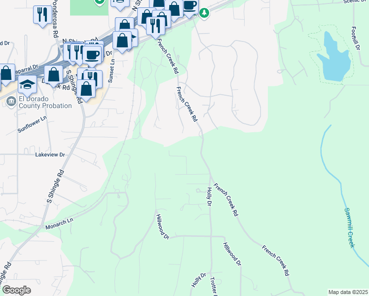 map of restaurants, bars, coffee shops, grocery stores, and more near 4280 French Creek Road in Shingle Springs