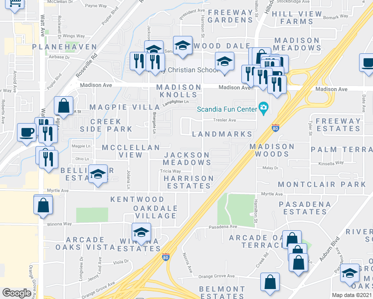 map of restaurants, bars, coffee shops, grocery stores, and more near 4981 Harrison Street in North Highlands