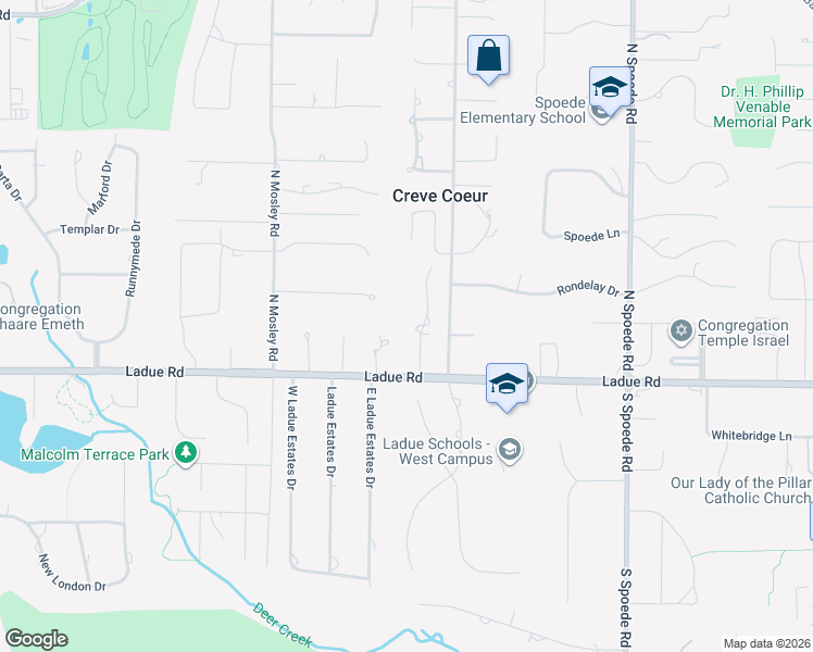 map of restaurants, bars, coffee shops, grocery stores, and more near 114 Hunters Grove Drive in Creve Coeur