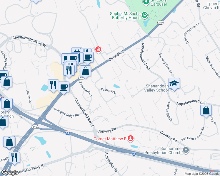 map of restaurants, bars, coffee shops, grocery stores, and more near 9 Foxhunt Drive in Chesterfield