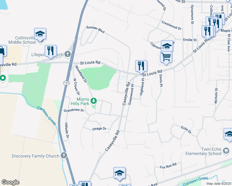 map of restaurants, bars, coffee shops, grocery stores, and more near 118 Moonlight Drive in Collinsville