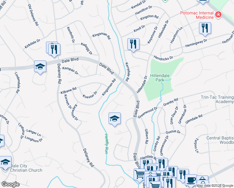 map of restaurants, bars, coffee shops, grocery stores, and more near 13612 Kerrydale Road in Woodbridge