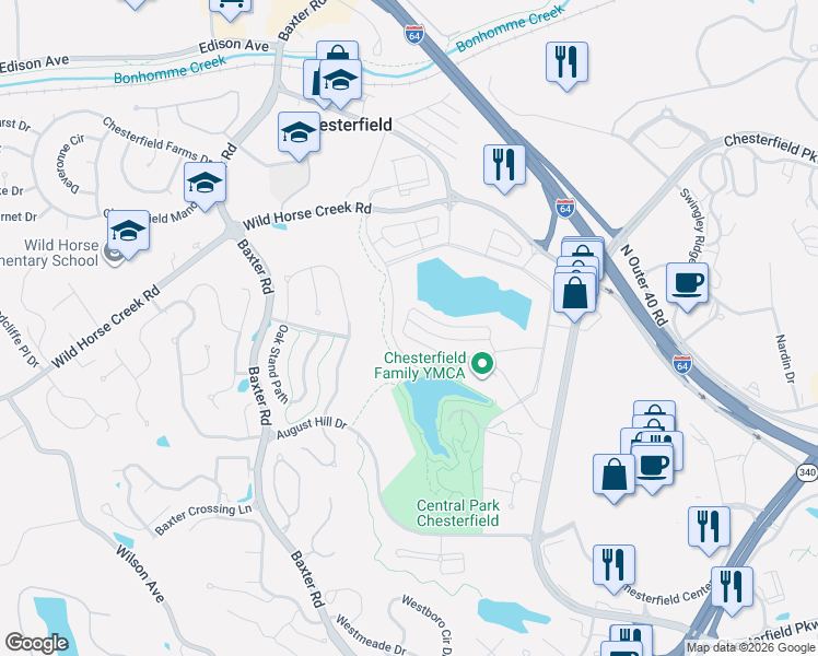 map of restaurants, bars, coffee shops, grocery stores, and more near 16489 Burkhardt Place in Chesterfield