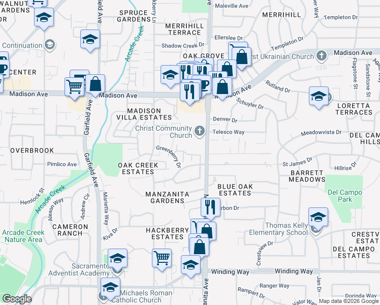 map of restaurants, bars, coffee shops, grocery stores, and more near 5817 Muldrow Road in Sacramento