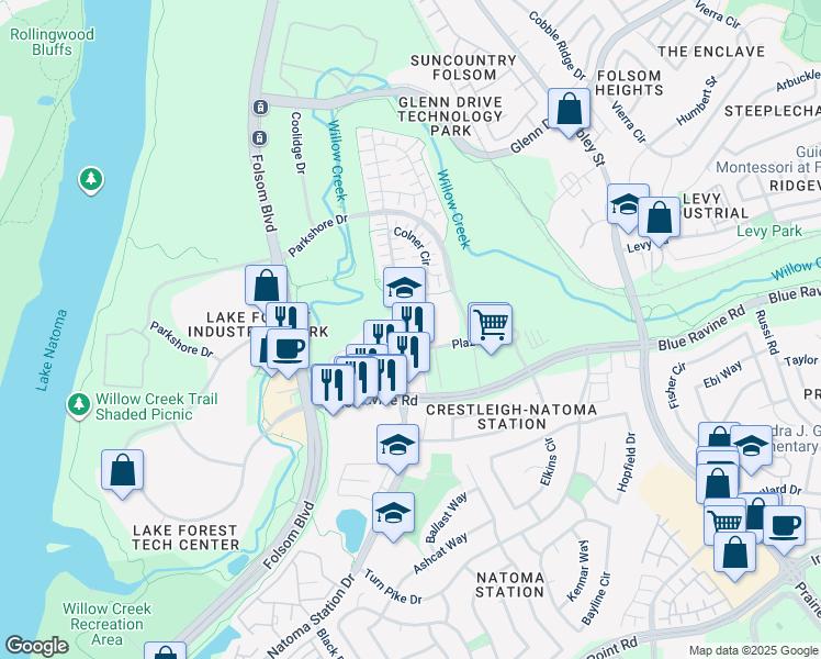 map of restaurants, bars, coffee shops, grocery stores, and more near 340 Plaza Drive in Folsom