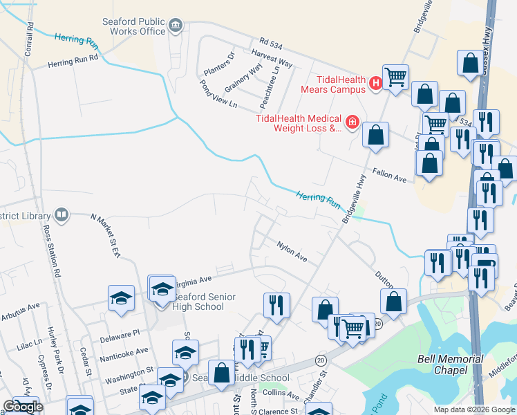 map of restaurants, bars, coffee shops, grocery stores, and more near 501 Yorktowne Lane in Seaford