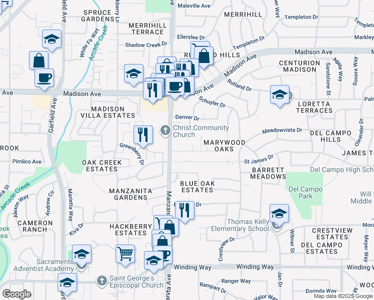 map of restaurants, bars, coffee shops, grocery stores, and more near 5944 Helva Lane in Carmichael
