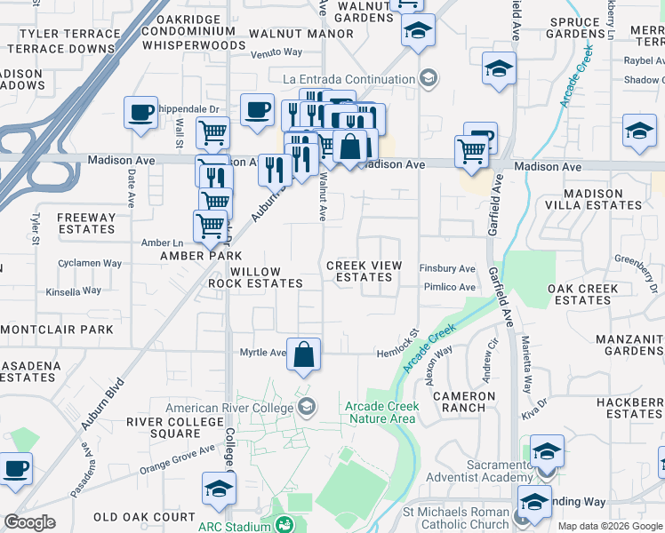 map of restaurants, bars, coffee shops, grocery stores, and more near 4990 Walnut Avenue in Sacramento