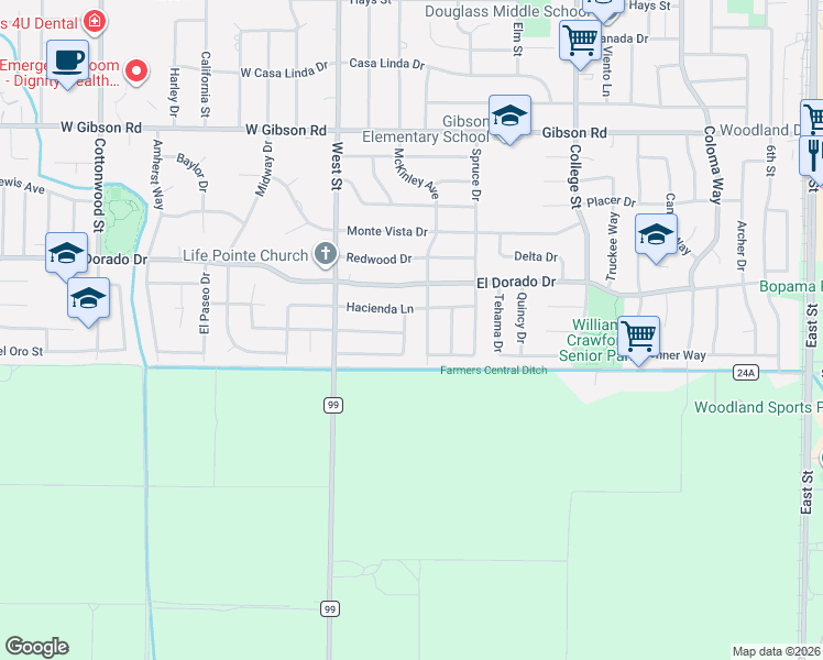 map of restaurants, bars, coffee shops, grocery stores, and more near 1744 Del Rey Street in Woodland