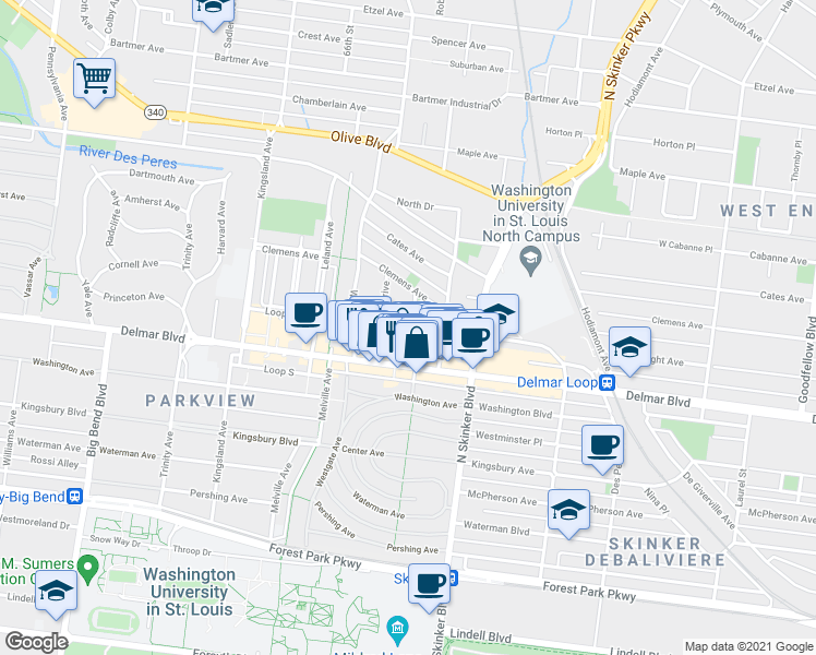 map of restaurants, bars, coffee shops, grocery stores, and more near 6326 Enright Avenue in University City
