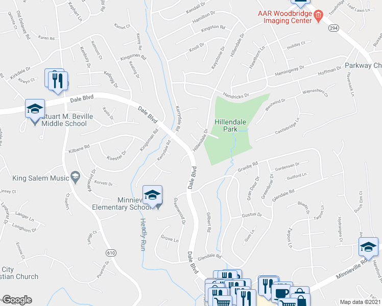 map of restaurants, bars, coffee shops, grocery stores, and more near Dale Blvd & Hillendale Dr in Woodbridge